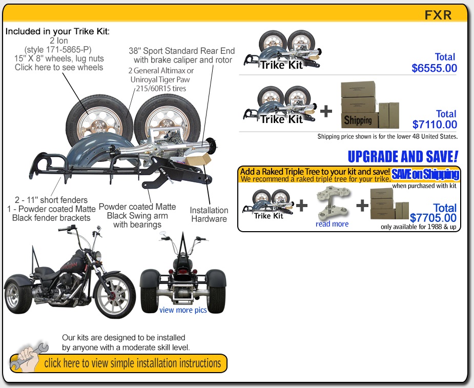 frankenstein trike kit for harley davidson fxr contents and pricing